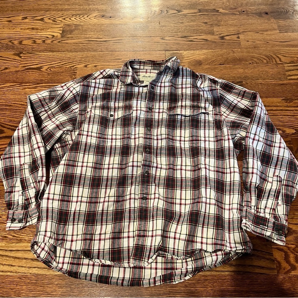 Eddie Bauer Plaid Flannel Shirt Men’s XL | Red Green Cream | 100% Cotton